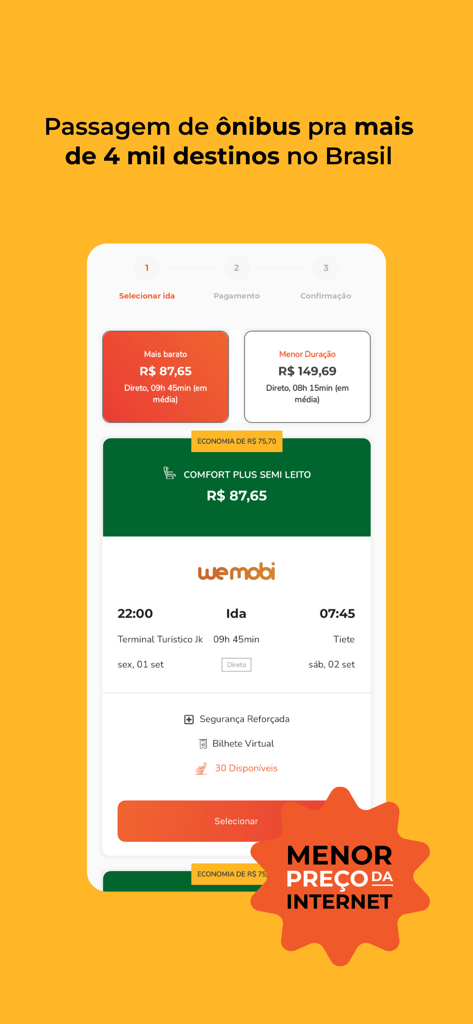 123milhas mobile app interface displaying bus ticket prices and travel options for destinations in Brazil
