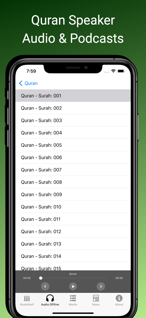 Quran english—muslim assistant - Quran audio player interface showing a list of Surah chapters from the Muslim assistant app