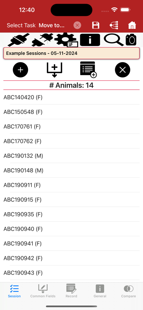 BenguFarm Mobile app interface showing a list of animal identification numbers within a data capture session
