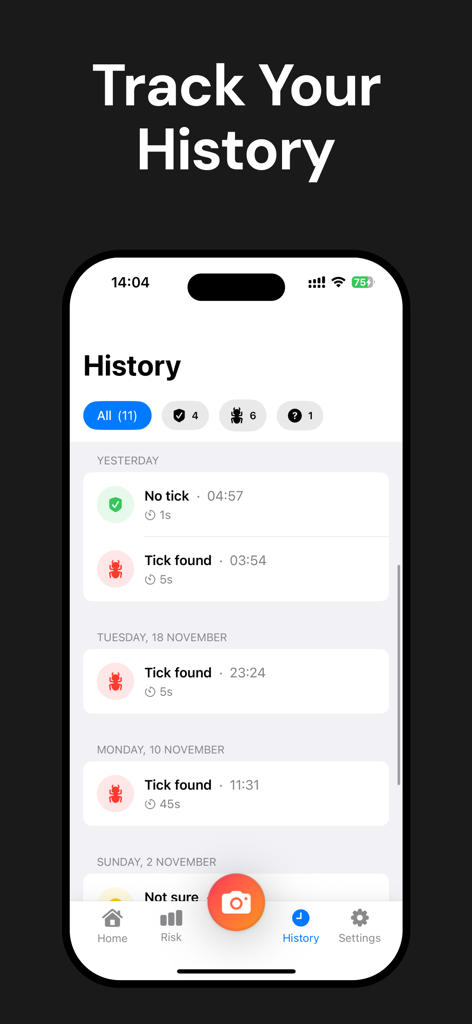 Tick Detector: Pet Tick Scan - The History screen of the Tick Detector app showing a chronological list of past tick scan results for pets.