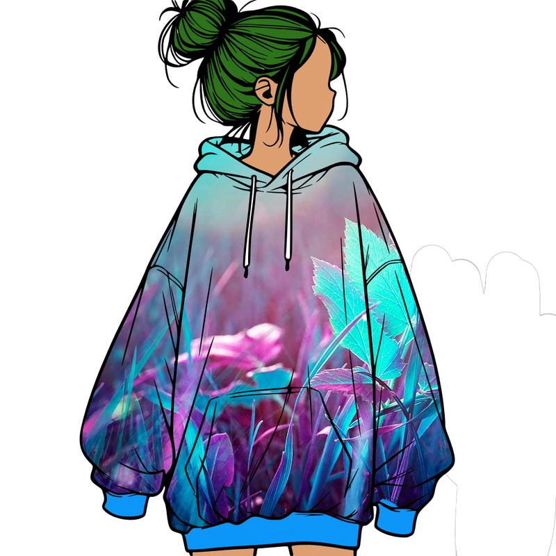 realistic girl with a oversized sweatshirt on and a bun