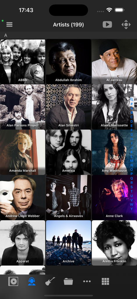 A grid of music artists with photos and names in the Official Kodi Remote app library