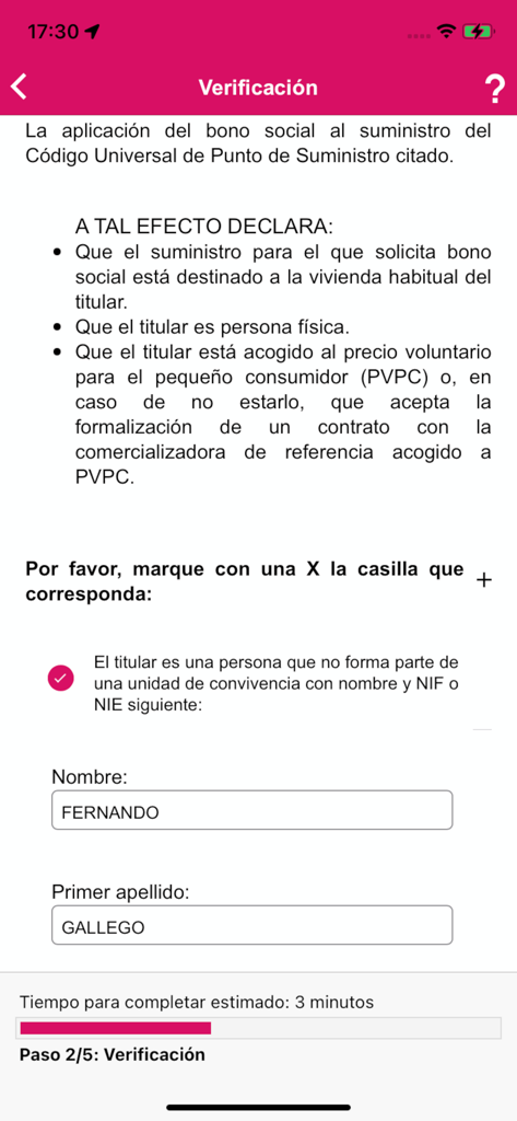 Pantalla de verificación en la app EnergíaXXI donde los usuarios introducen datos personales para la solicitud del Bono Social