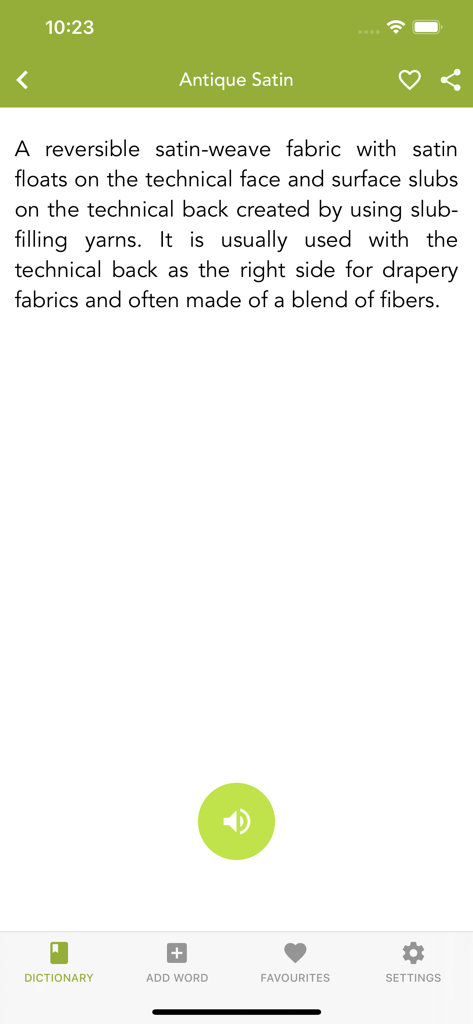 Screenshot of the Fabric and Textile Dictionary app displaying the definition and properties of antique satin fabric