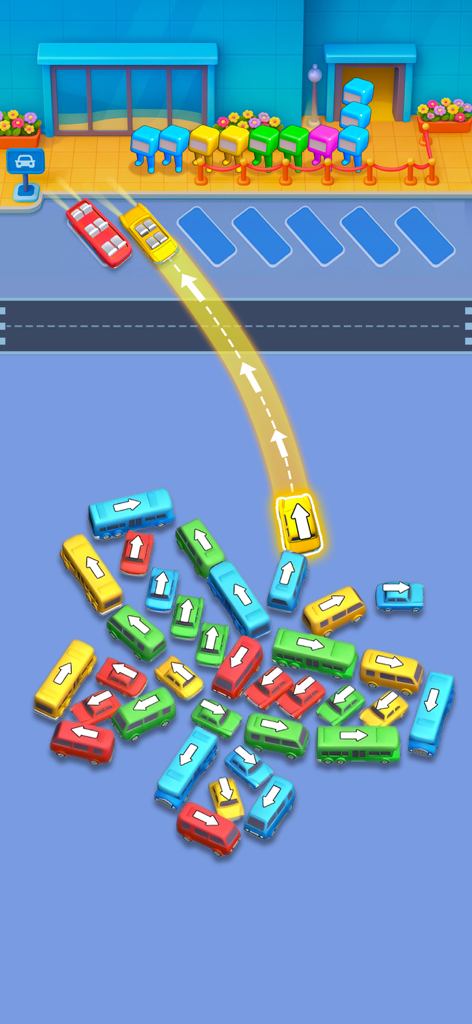 Bus Fever - Car Parking Jam - Gameplay screen of Bus Fever showing a parking jam puzzle with color-coded cars and waiting passengers at a station.