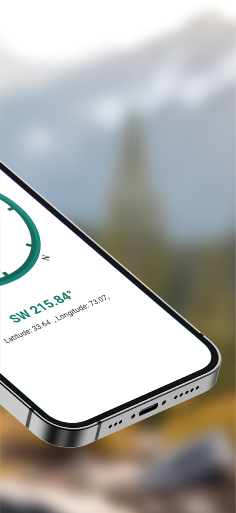 Live Satellite View & Maps - iPhone-Bildschirm mit einem digitalen Kompass mit Längen- und Breitengradkoordinaten