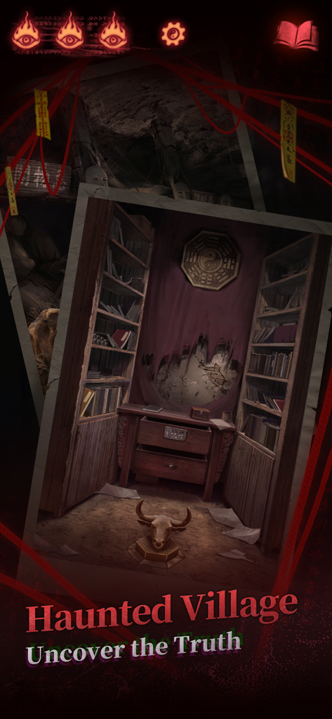 Paper Bride 2 Zangling Village - A dimly lit haunted room in Zangling Village with bookshelves and a bull skull.