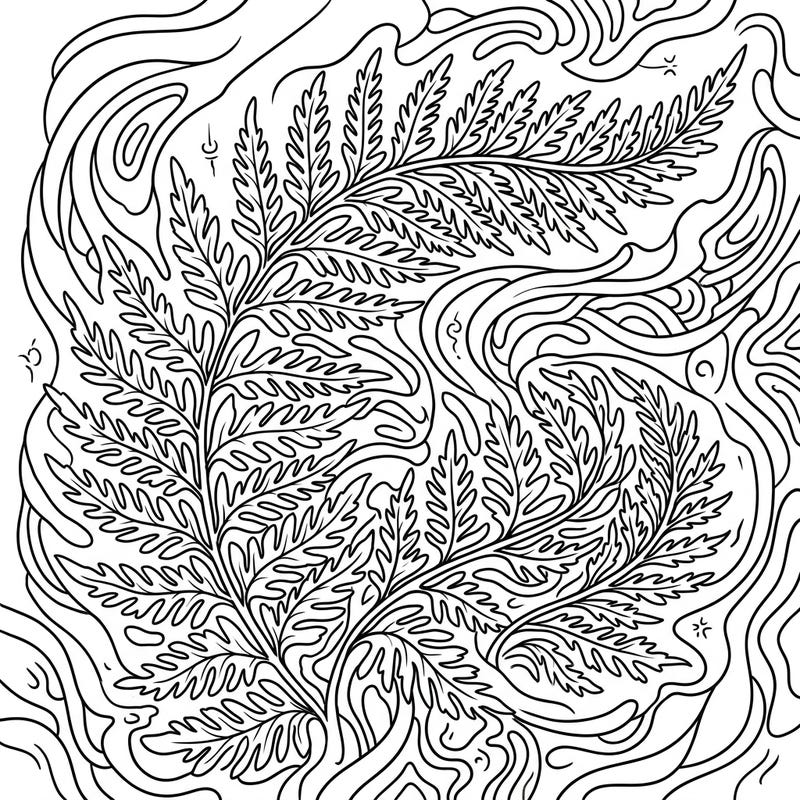 Unleash your creativity with this mesmerizing Lady Fern coloring page, featuring intricate fronds intertwined with swirling psychedelic patterns. It's a unique blend of natural elegance and abstract wonder, perfect for a relaxing coloring session.