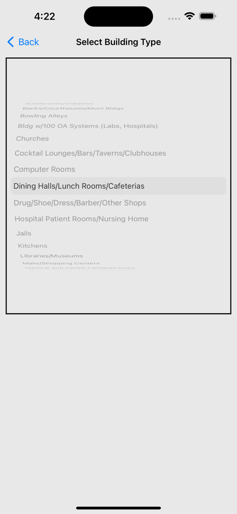 A list of commercial and residential building types within the HVAC Quick Load app selection screen