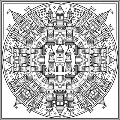 Step into a world where medieval grandeur meets modern pop art with this captivating castle mandala. This intricate design offers a unique coloring experience, blending fortress aesthetics with symmetrical artistry for hours of creative enjoyment.