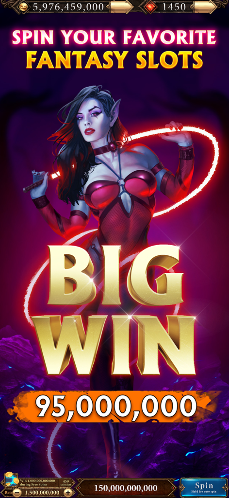 Scatter Slots - Slot Machines - Scatter Slots game screen featuring a big win celebration with a dark fantasy character