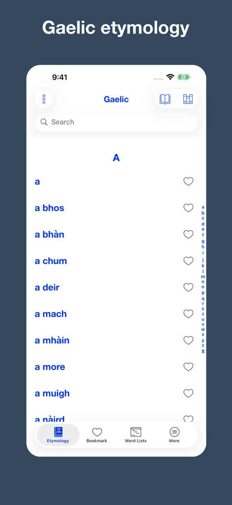 Gaelic etymology dictionary - Screenshot of the Gaelic etymology dictionary app interface showing a list of words starting with the letter A