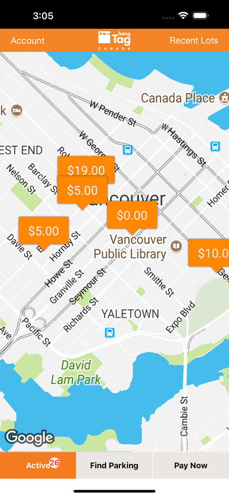 hangTag Canada: Park & Go - オレンジ色のタグで様々な駐車場の料金を表示するバンクーバーの地図がhangTagアプリに表示されています。