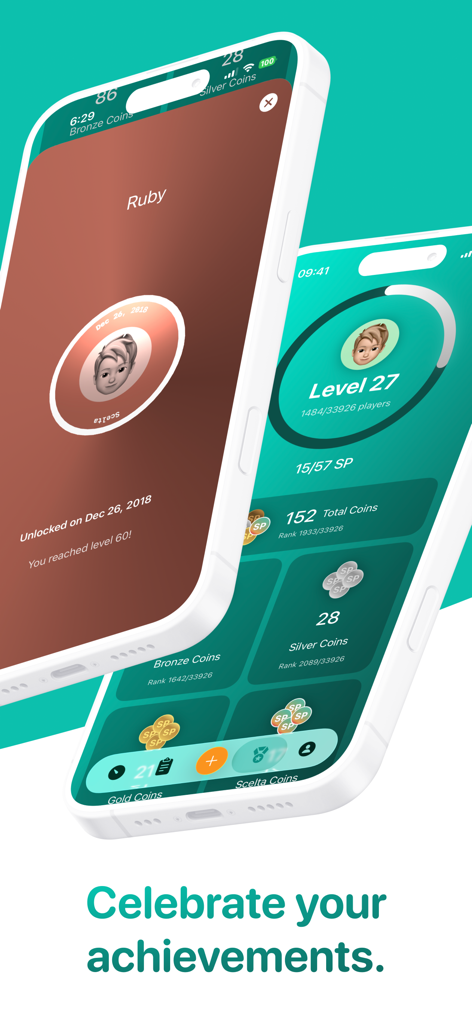 Two iPhone screens displaying the Scelta app gamified interface with user levels and achievement badges.
