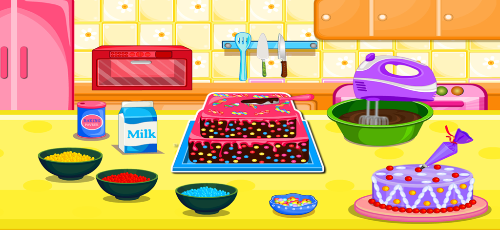 Cakes Maker : Cooking Desserts - A decorated two-tiered chocolate cake with pink frosting and colorful dots in a virtual kitchen setting with baking ingredients