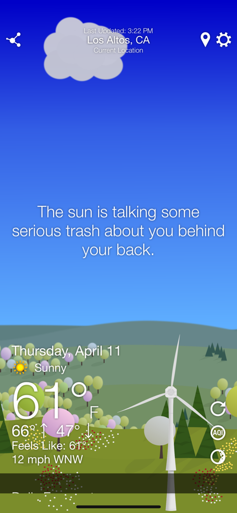 Screenshot of the What The Forecast app showing a humorous phrase about the sun with a cartoon landscape background.