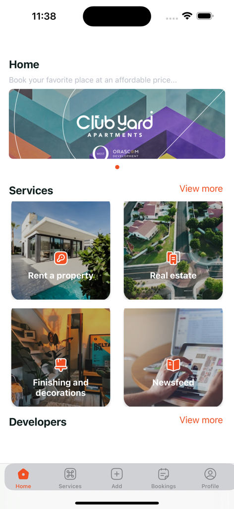 Renzo - 이집트 부동산 및 렌탈 서비스를 표시하는 렌조 앱 홈 화면.