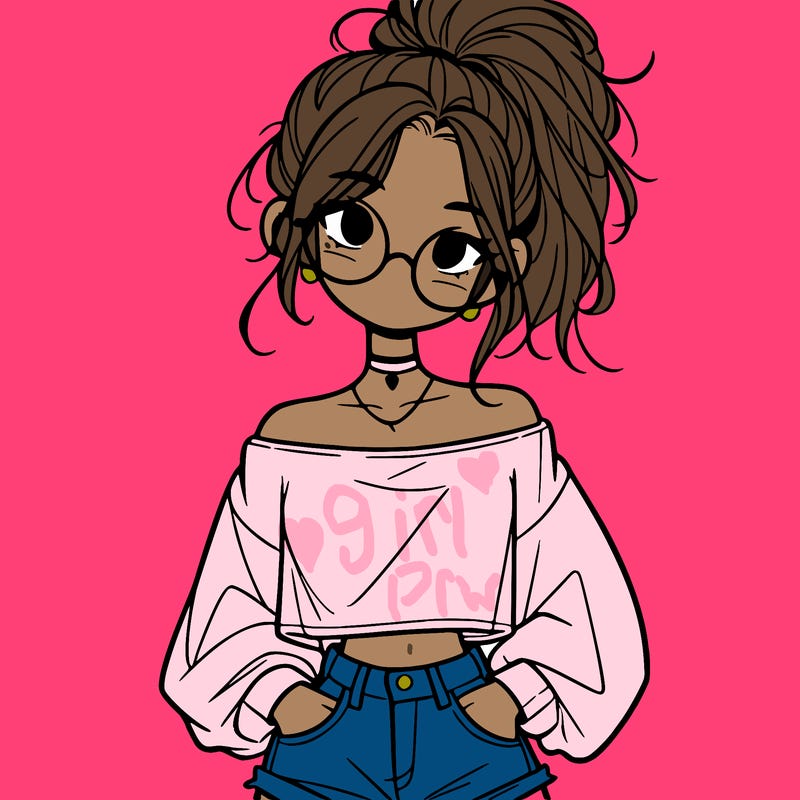 girl with a messy ponytail glasses a baggy crop top and jean shorts