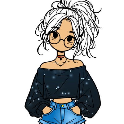girl with a messy ponytail glasses a baggy crop top and jean shorts