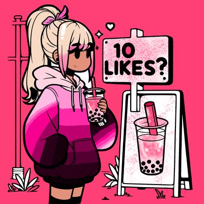 girl with oversized hoodie drinking boba and she has a high ponytail with a sign that says 10likes?