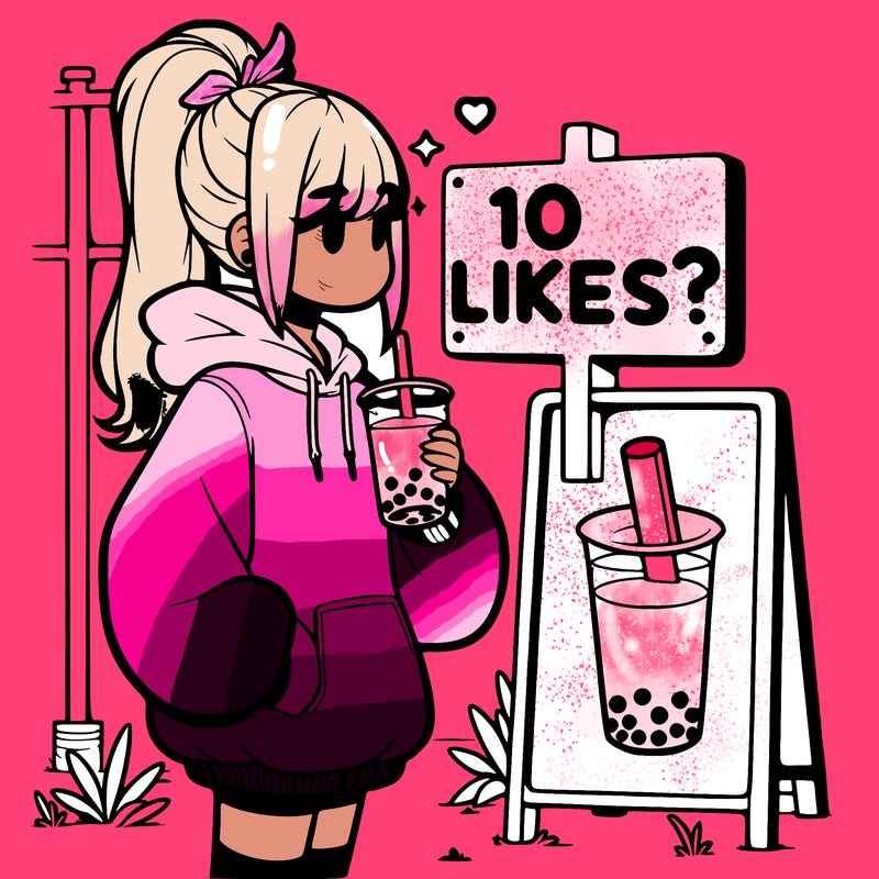 girl with oversized hoodie drinking boba and she has a high ponytail with a sign that says 10likes?
