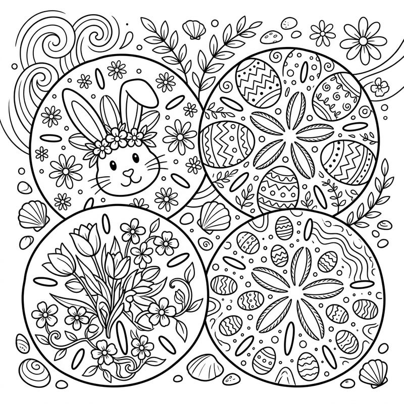Celebrate the season with this delightful Sand Dollars Easter coloring page, featuring intricate designs of flattened sea urchins adorned with festive elements. Immerse yourself in a creative spring adventure, bringing charming bunnies, decorated eggs, and fresh blossoms to life with your favorite colors.