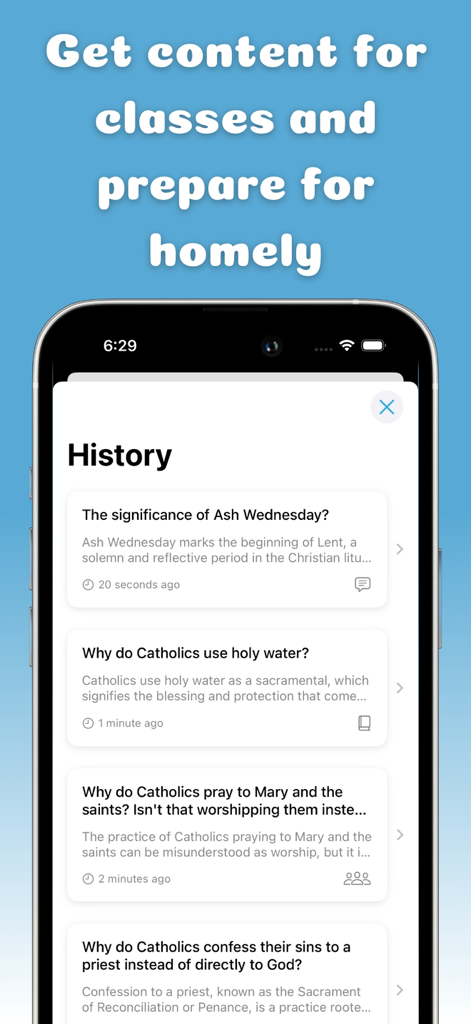 Catholic AI - Faith Guide - History screen of the Catholic AI app showing a list of theological questions for religious education and homily preparation.