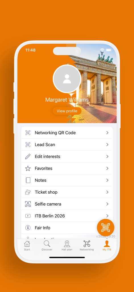 ITB Berlin - User profile screen of the ITB Berlin app showing networking and lead scan options