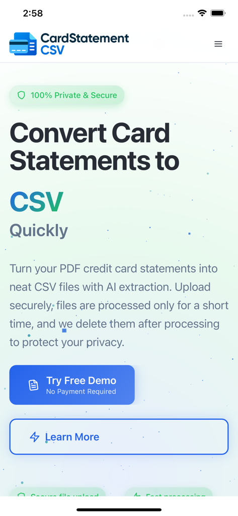 Card Statement CSV - Card Statement CSV mobile app landing page showing features for converting PDF statements to CSV using AI with a focus on privacy and security.