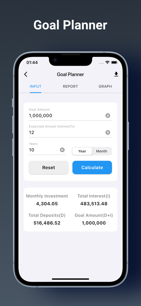 Financial Calculator EMI, SIP - Interfaz de un planificador de metas financieras que muestra los requisitos de inversión mensuales para alcanzar una meta de un millón de dólares