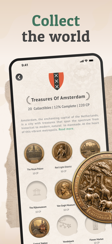 アムステルダムのランドマークと収集可能なトークンを示すデジタルお土産コレクション