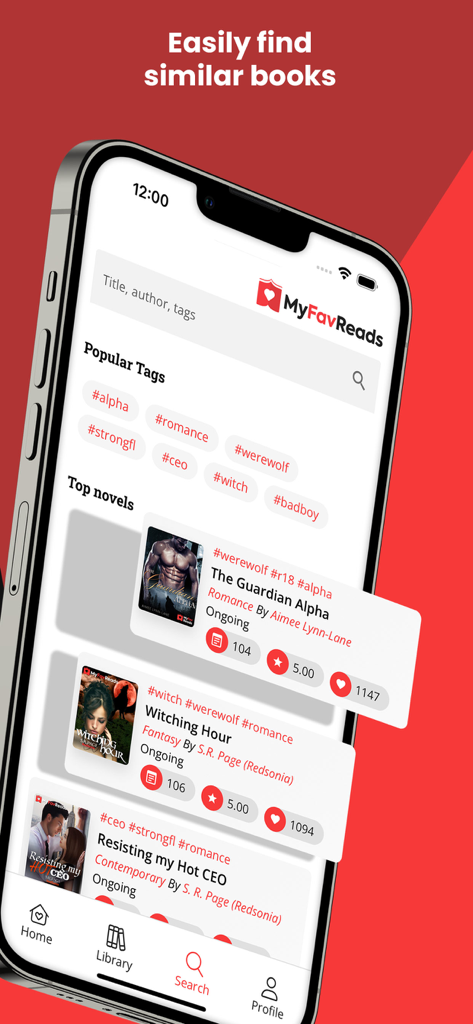 MyFavReads: Novels & Books - MyFavReads app search screen showing popular tags and top novels like The Guardian Alpha.