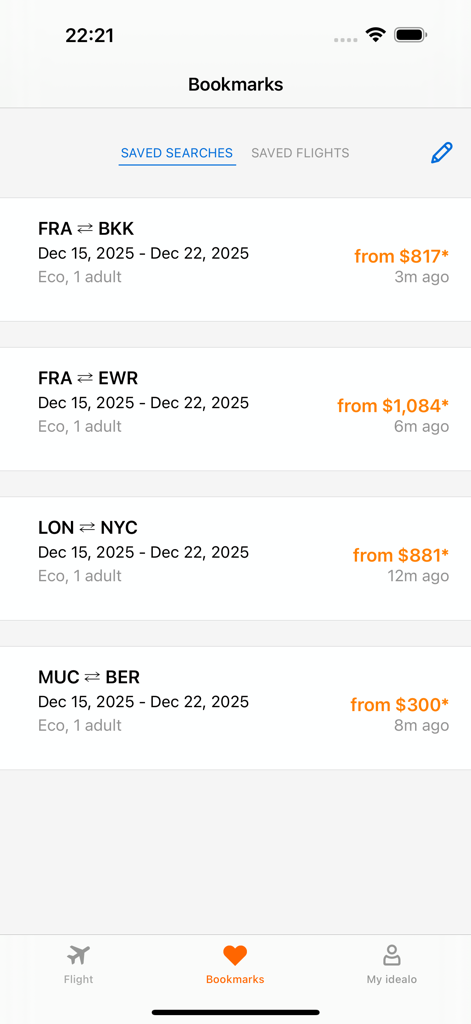 The idealo flights app bookmarks screen showing a list of saved flight routes and prices