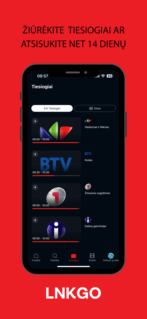 LNK GO mobile app showing live Lithuanian television channels and catch up streaming options