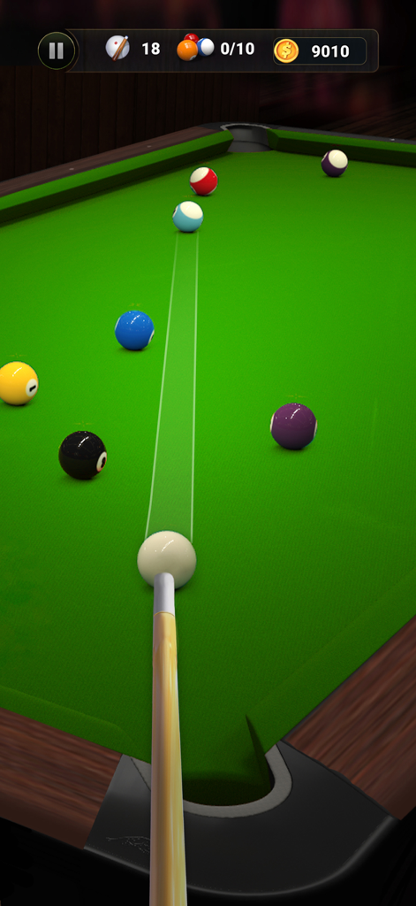 8 Pool Master - A top-down view of 8 Pool Master gameplay showing a cue stick aiming at a cue ball with a white trajectory line toward a target ball on a green pool table.