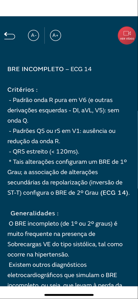 MEDELETRO - Captura de tela do aplicativo MEDELETRO mostrando critérios médicos e informações gerais para bloqueio de ramo esquerdo incompleto em português.