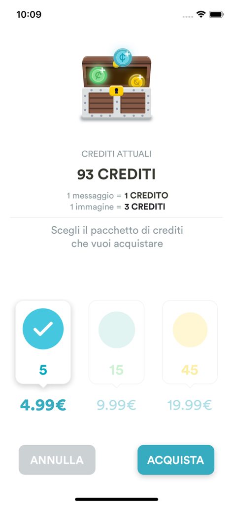 Esperto in Chat - Clienti - Pantalla en la aplicación para comprar créditos de mensajes que muestra el saldo y diferentes paquetes de precios.