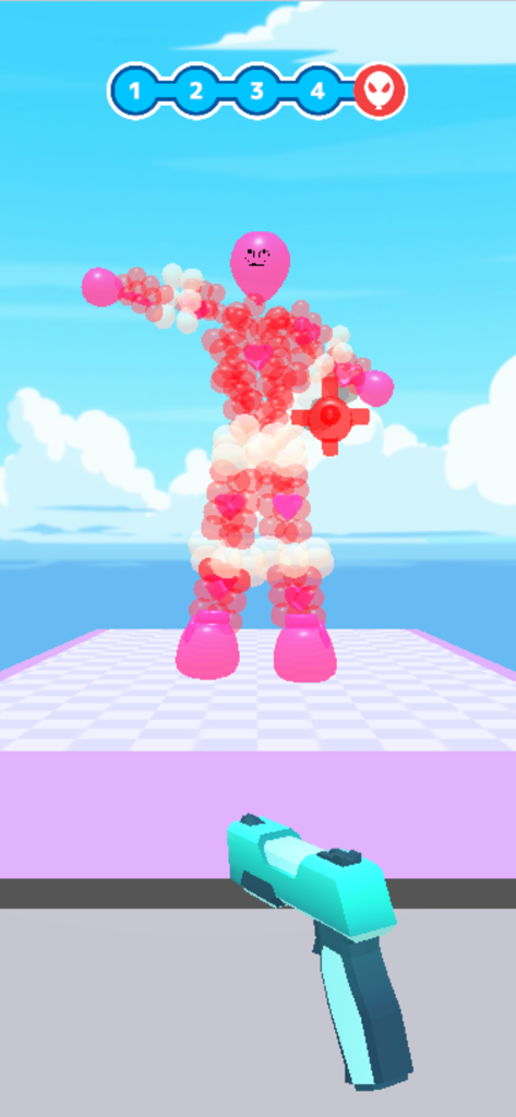 Balloon Crusher: Shoot’em all - A blue handgun aiming at a giant character made of red and pink balloons in a bright outdoor setting.