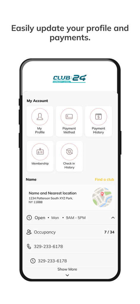 Club 24 Concept Gyms Online - Account management screen of the Club 24 Concept Gyms app showing profile payment and club location info