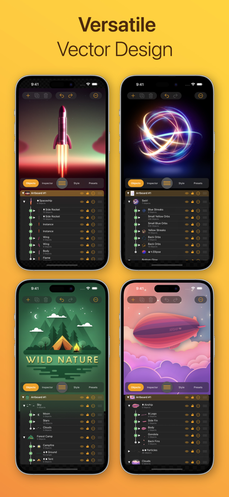 Interface de l'application Logoist 5 sur iPhone présentant divers designs graphiques vectoriels et des outils de gestion de calques