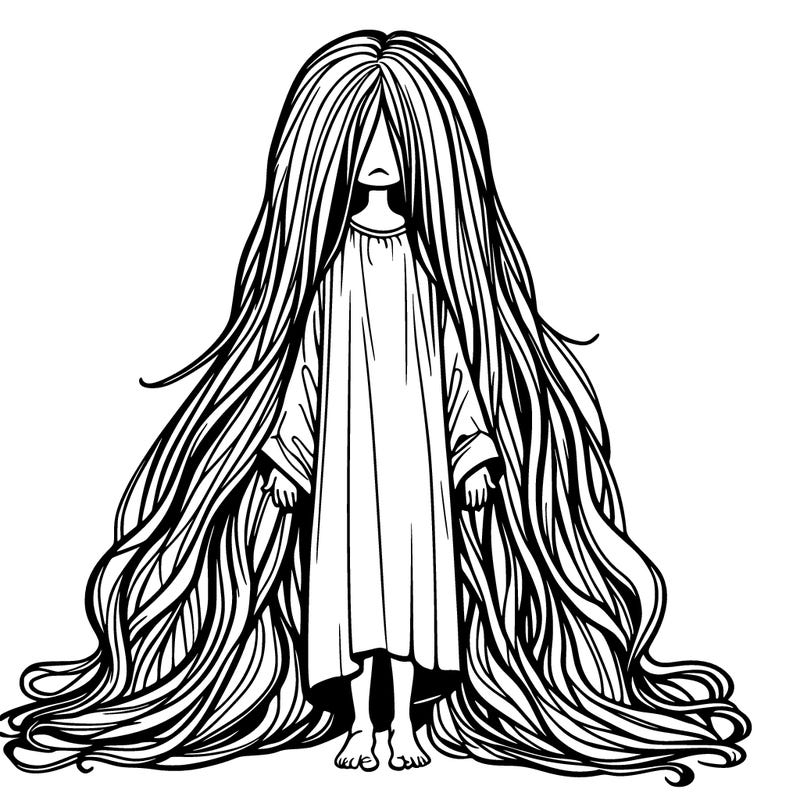 a realistic girl with hair to her toes and an oversized dress and she was poor