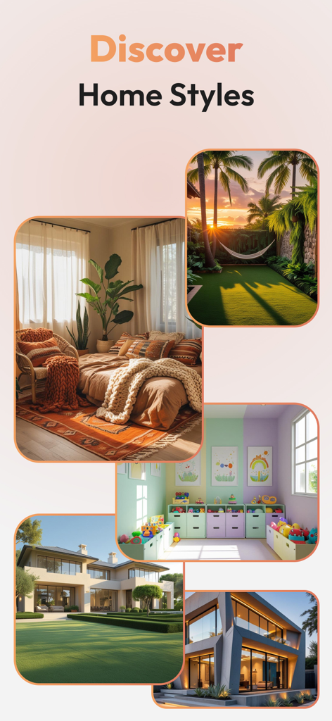 HomeAura: AI Interior Design - Uma colagem mostrando diferentes estilos de interiores e exteriores de casas, incluindo um quarto boêmio e fachadas de casas modernas