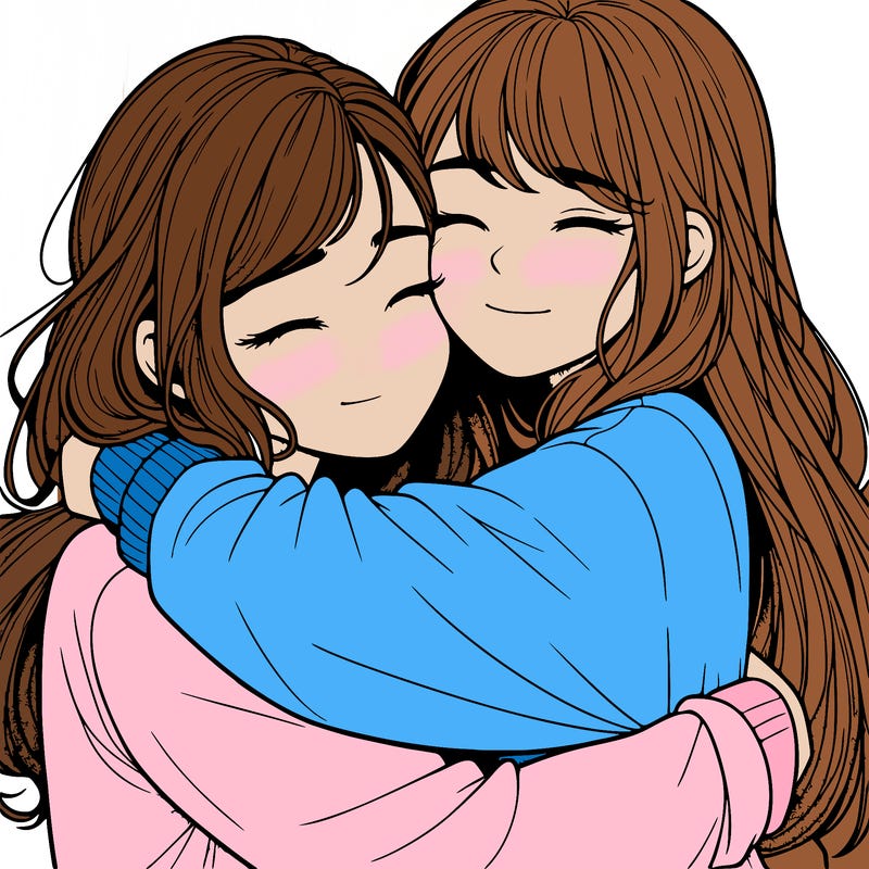 realistic two girls hugging