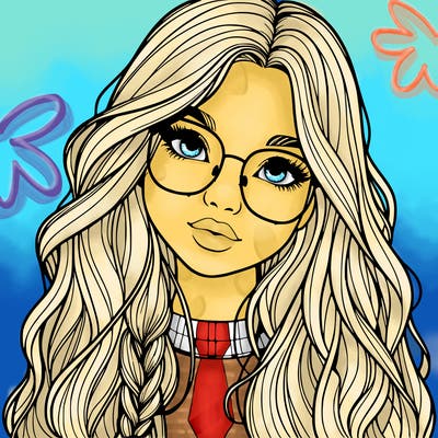 girl with long hair and freckles and glasses realistic