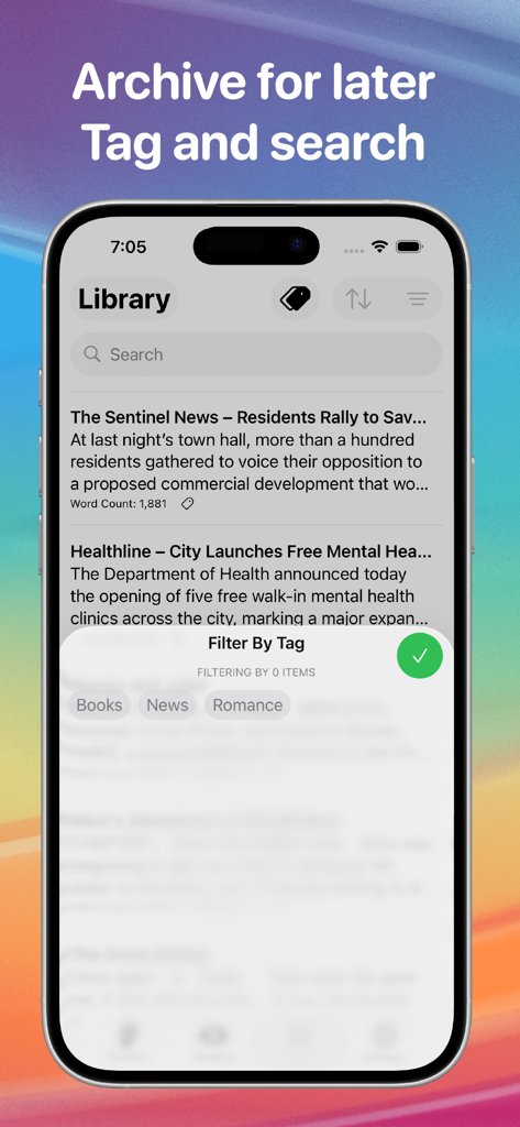 RoboSpeech app library screen showing saved articles with search and tag filtering options