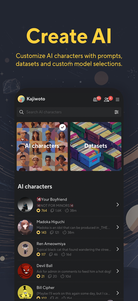 Interface de l'application Kajiwoto montrant une liste de personnages IA et des options pour les personnaliser avec des invites et des ensembles de données.