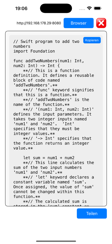 Developer-PRO - Interface of the Developer-PRO app displaying a Swift code snippet with detailed AI-generated explanations for a function.