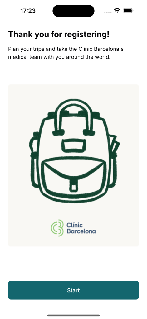famba - Famba app registration success screen showing a backpack icon and the Clinic Barcelona logo.