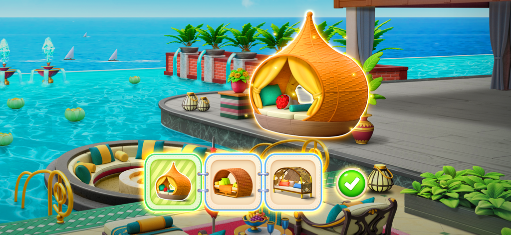 Makeover Master - Home Design - Luxury poolside patio design with three outdoor furniture options in Makeover Master