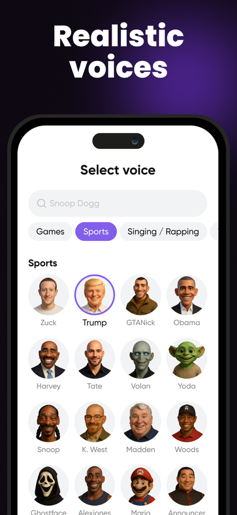 Vozee: Celebrity voice changer - Captura de tela do aplicativo Vozee mostrando o menu de seleção de voz de celebridade com ícones de personalidades famosas